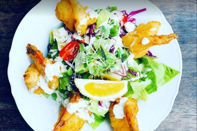 deep fried prawns and salad dish is perfect for lunch