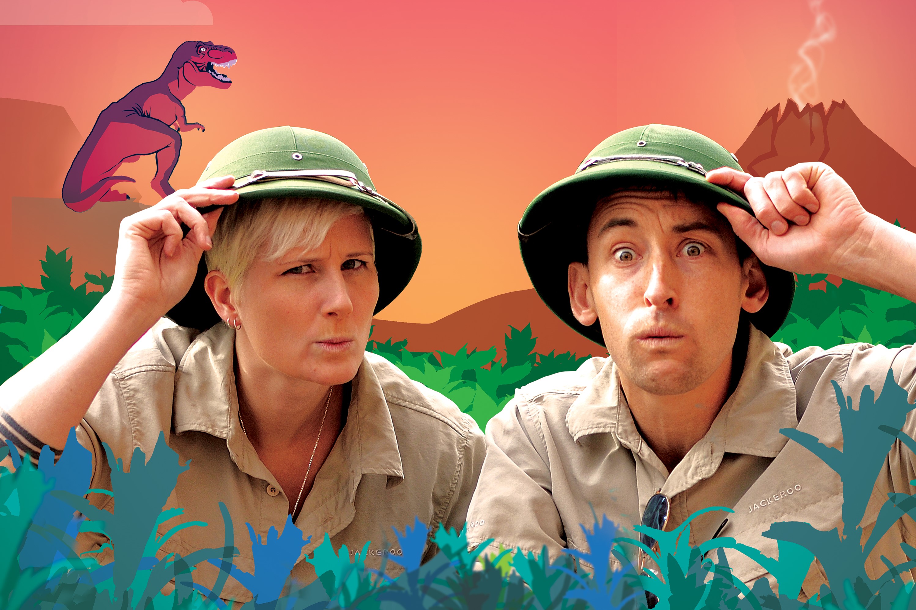 two adults wearing pitch helmets with a dinosaur illustration in the background