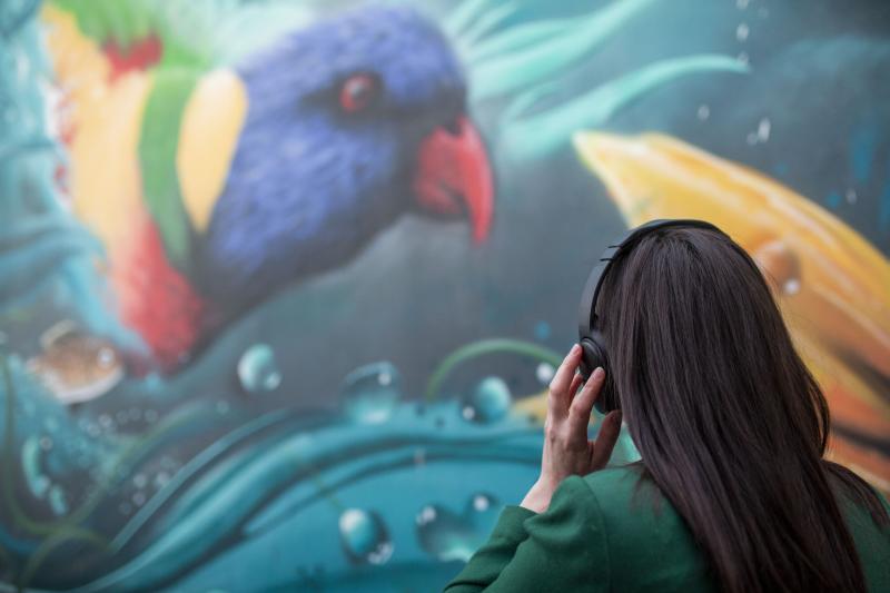 adult with headphones looking at street art of native animals