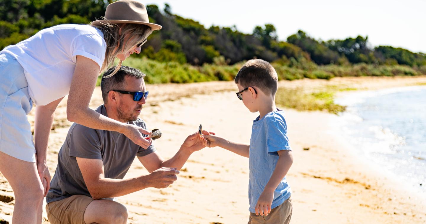 adults and child looking at shell on the beach at Point Cook Coastal Park