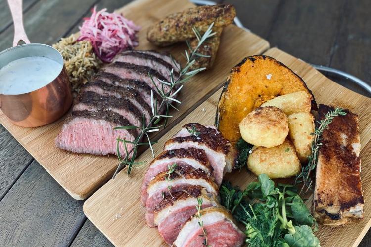 fennel spiced lamb back strap, peri peri pork belly, chicken kebab, miso seasoned duck breast