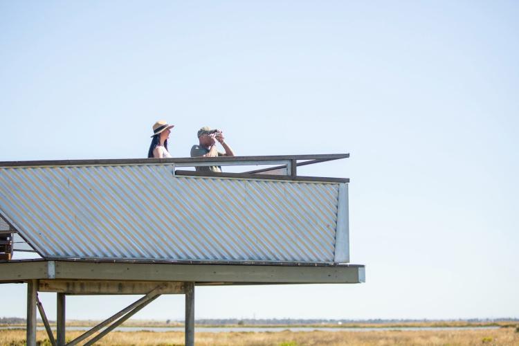 two adults on tower with binoculars looking out to wetlands