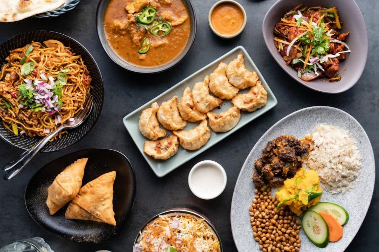 momo (dumpling), Chowmein, Samosa, Hyderbadi Dum Biryani, Newari Khaja Set, Naan, Chicken Chilli