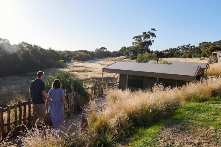 Two people walking towards cabins