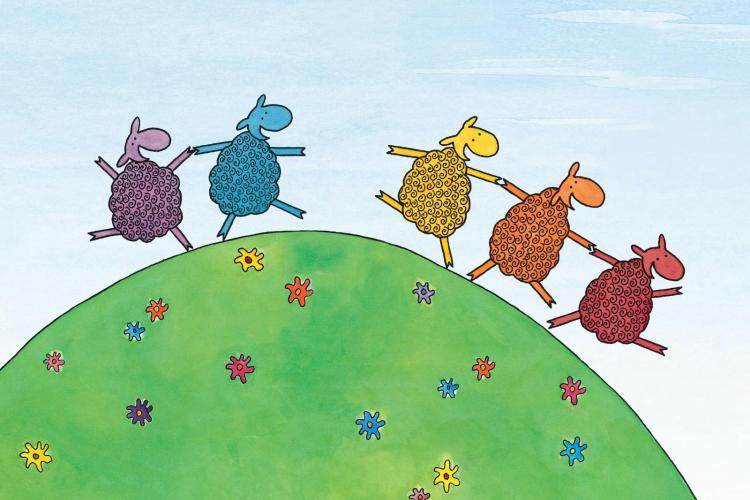 5 colourful cartoon sheep dancing