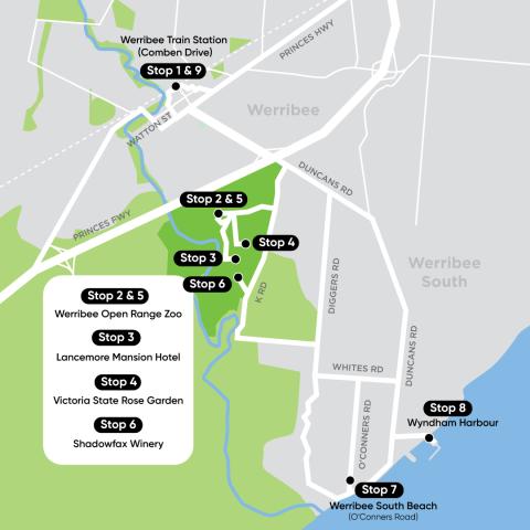 a map showing stop locations for the Werribee and Surrounds Visitor Shuttle Bus